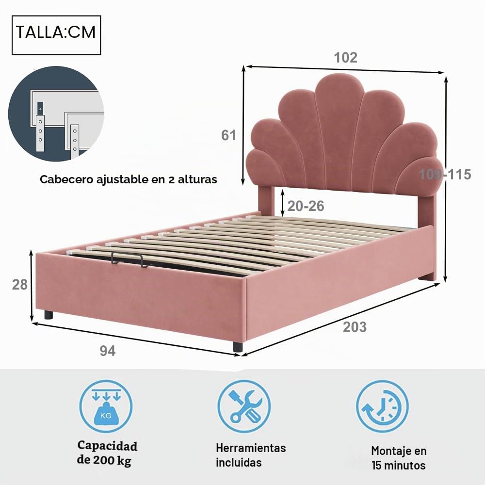 Cama acolchada de 90 x 200 cm para niños, cama con almacenamiento hidráulico, cama individual con cabecero floral y estructura de láminas y cabecero ajustable, tela de terciopelo, color rosa