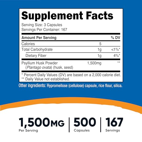 Image of Nutricost Psyllium Husk 1500mg Per Serving, 500 Capsules - Non-GMO & Gluten Free