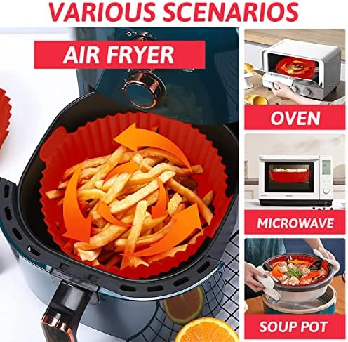 tannac Air Fryer Liner, 8.5 Inch~10 Inch Reusable Silicone Air Fryer Pot,Non-Stick Oil Filter Design 100% Food-Grade Kitchen Mat, 22cm Large Replacement Accessories for Air Fryer, Red