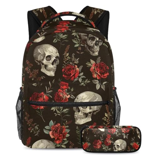 Sac à dos vintage avec motif tête de mort avec rose pour soulager le dos des élèves au collège