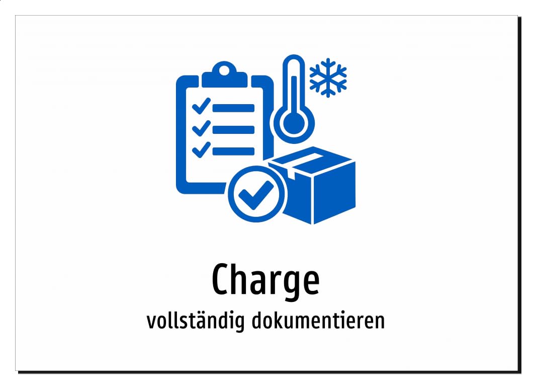 35435-DE-S-09 | Charge - vollständig dokumentieren | Aluminiumschild A2, 594 x 420mm | mit Symbolgrafik und Text