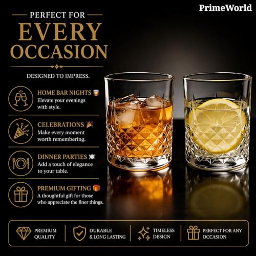 Image of PrimeWorld Diamond Rome Cut Crystal Whiskey Glasses Set of 6 pcs- 300 ml Bar Glass for Drinking Bourbon, Whisky, Scotch, Cocktails, Cognac- Old Fashioned Cocktail Tumblers