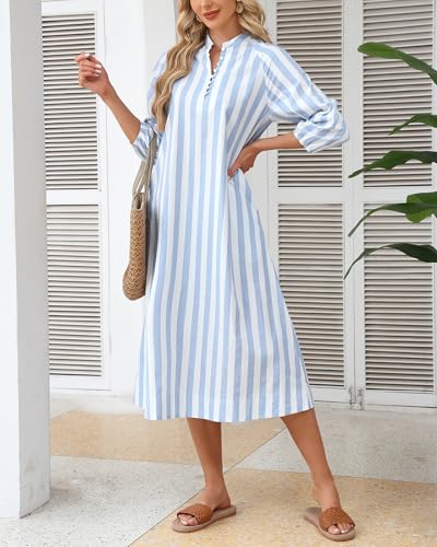Image of YEXPINE Women Summer Striped Button Down Long Maxi Dress Loose Fit 3 /4 Sleeve Cotton Caftan Shirt Dress with Pocket