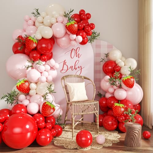 Strawberry Balloons Arch Garland Kit 124Pcs Red and Pink Balloons with Strawberry Card for Sweet One Berry First Birthday Baby Shower Decorations
