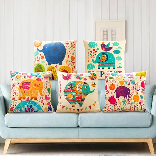 Image of GLUN Set of 5 Polycotton Cushion Covers, Multicolour Bohemian Elephant Print, 16 x 16 Inch Size Covers, Playful Cushion Covers for Sofa & Living Room Decor