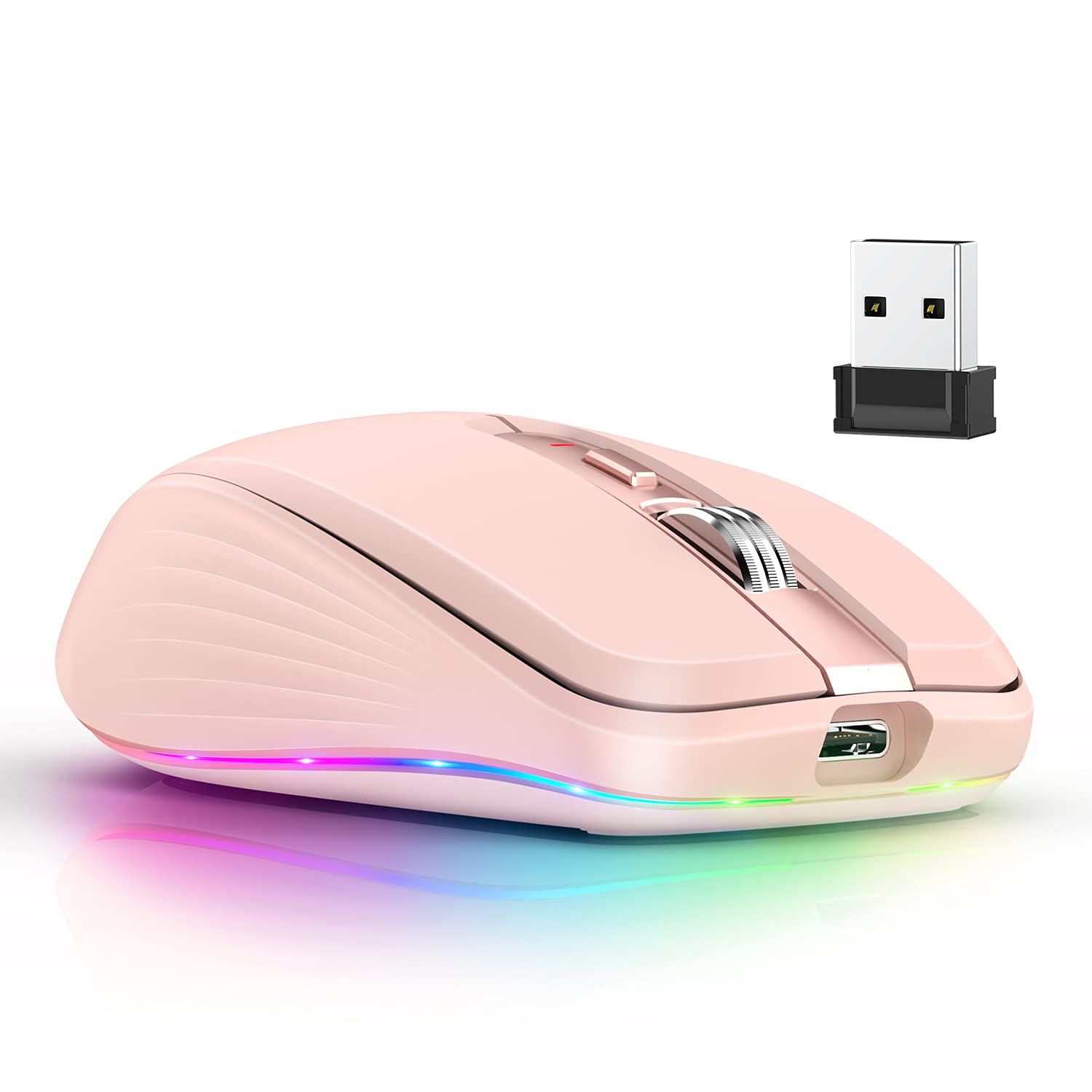 Zienstar-Rechargeable Wireless Mouse with RGB Lights,Dual Mode (2.4G wireless+Bluetooth 5.1),Volume Adjust-Rose