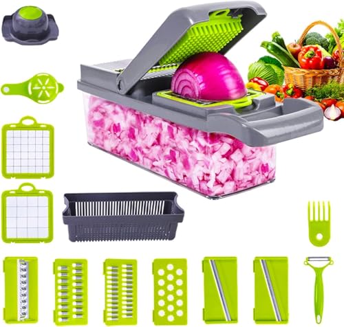 16 En 1 Cortador De Verdura, Mandolina de cocina professional, Multifuncional Acero Inoxidable. Rallador de verduras, Pelador de patatas, Picadora Manual.