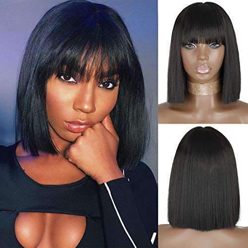MERISIHAIR Short Bob Wig with Bangs,Straight Black Bob Wigs for Women,Natural Short Synthetic Bob Wig 11inch(Black)