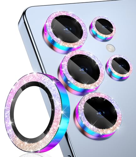 CloudValley for Samsung Galaxy S25 Ultra Camera Lens Protector Bling, 9H Tempered Glass + Aluminum Alloy Lens Protective Ring [Glitter Decoration] Ultra-HD Tempered Glass Cover,Glitter Titanium Colorful