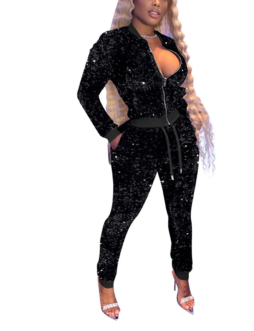 Jogging Suits for Women Piece Outfits Velvet Sequin Long Sleeve Zipper  Jacket Jogger Pants Tracksuit Set