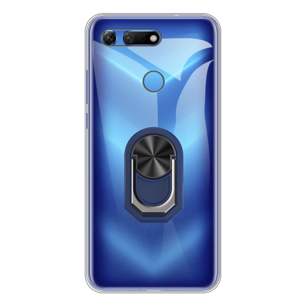 UOGNADGD Flexible Case + Ring Holder Compatible with Huawei Honor View 20 Phone Shockproof Cover & Magnetic Mecha Style Finger Grip Kickstand (Clear+BlueRing)