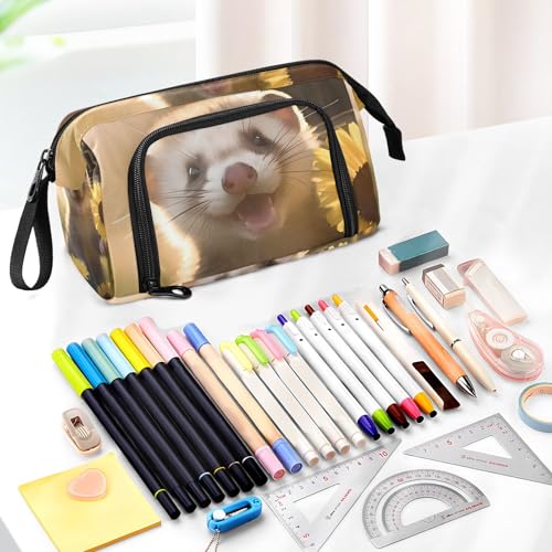 Image of SUABO Big Capacity Pencil Case, Cute Ferrets Daisy Pen Bag Pouch Holder Stationery Bag School College Office Organizer for Teen Adults Student