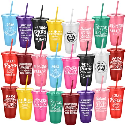 Meanplan 24 Pcs Paraprofessional Appreciation Gifts Bulk 24 oz Plastic Tumbler with Lids and Straws Paraprofessional Thank You Cups Travel Mugs Inspirational Gifts for Coworkers Office Supplies