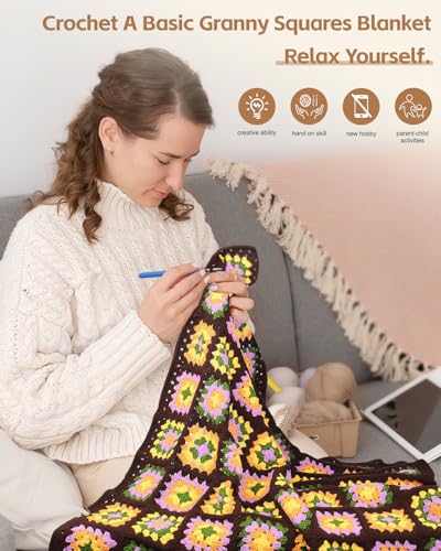 Image of Katech Crochet Blanket Kit - Beginner's Granny Square Blanket, 63'' x 36'' - 32 Yarn Colors & Tutorial