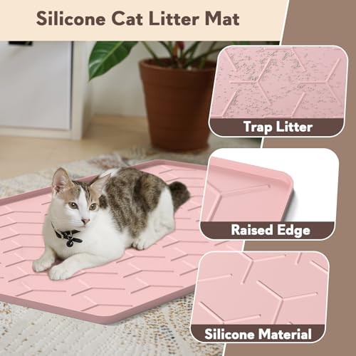 Image of Garoopion Silicone Cat Litter Mat Large 40 inch X 28 inch, Easy to Clean, Pink | Large Size Waterproof Silicone Mat with Raised Edges, Catch Litter, Protect Floor from Urine, Multi-Use for Dog /Sink /Kitchen