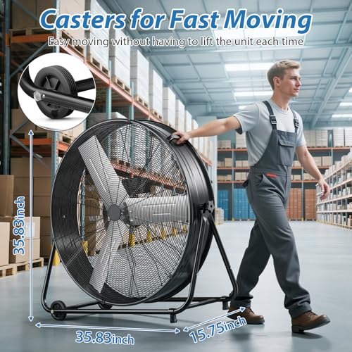 Image of LifePlus 36 inch Industrial Drum Fan, 600W High Velocity 3-Speed Heavy Duty Metal Air Circulator with 360 Tilt, Casters Handle for Warehouse Factory workshops Patios Garage 21800 CFM