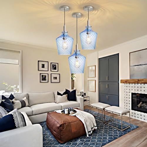 Image of Stripes Blue Glass Pendant Light for Kitchen Island Nickel 8 Inch 1 Pack