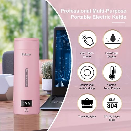 Image of Sekaer Travel Electric Tea Kettle Portable Small Mini Coffee Kettle, with 4 Variable Presets, Personal Hot Water Boiler 304 Stainless Steel with Auto Shut-Off & Boil Dry Protection, SY-618P
