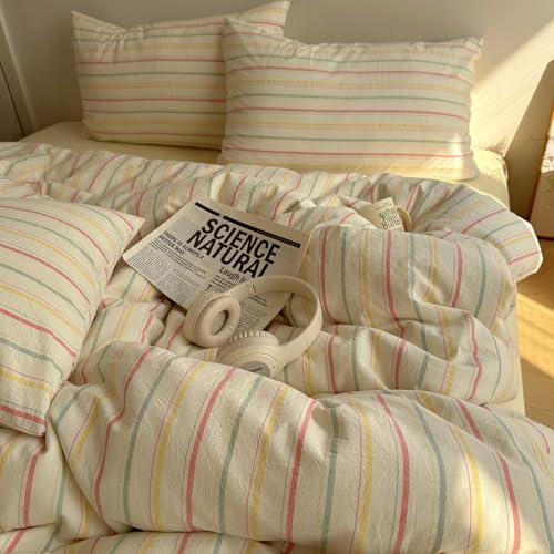EAVD Colorful Striped Duvet Cover Queen Soft 100% Cotton Vintage Pink Green Yellow Stripes Printed Bedding Set with 2 Pillowcases Retro Reversible Geometric Comforter Cover with Zipper Corner Ties