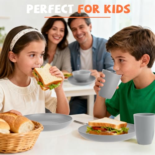 Image of Wheat Straw Dinnerware Sets, 20 PCS Service for 4, Dishwasher & Microwave Safe Kids Plates and Bowls Sets, Unbreakable Lightweight Outdoor Camping Dishes - Gray