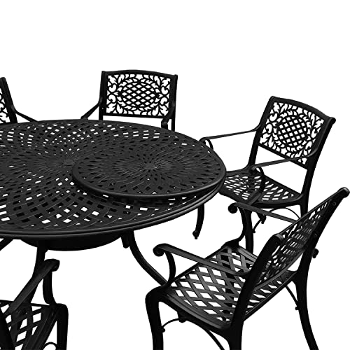 Image of Oakland Living 1022-2777(6)-LBK Modern Ornate Outdoor Mesh Aluminum 59-in Large Black Round Patio Lazy Susan and Six Chairs Dining Set