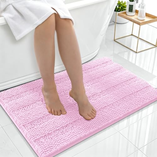 Image of Smiry Thick Chenille Bathroom Rugs 36x24, Extra Soft Absorbent Striped Bath Mat, Machine Washable, Rubber Backing, Bath Rugs for Bathroom, Tub & Shower, Modern Home Decor Accessories, Pink