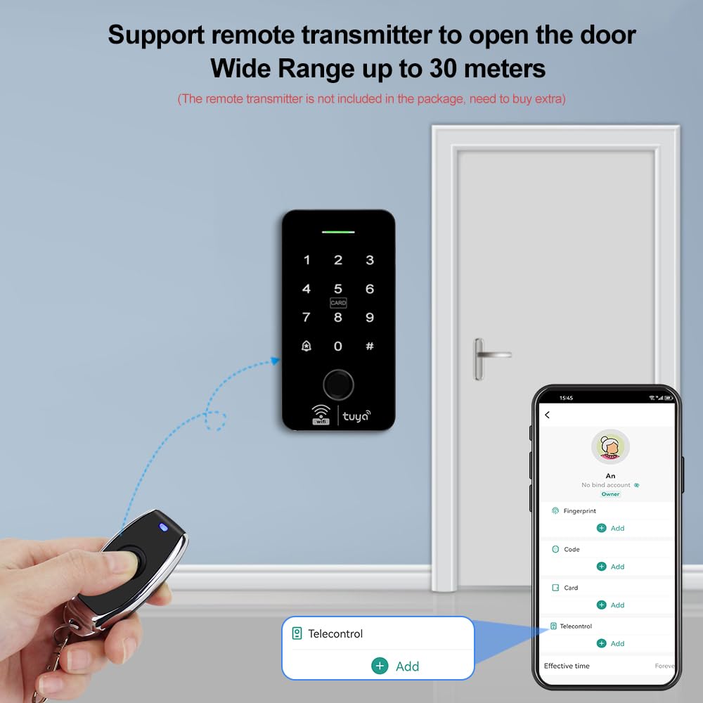 Kit de sistema de control de acceso WiFi Tuya con teclado de huellas dactilares impermeable IP68, bloqueo magnético en modo NC (180 kg/350 libras), 10 llaveros RFID de 125 KHz, fuente de
