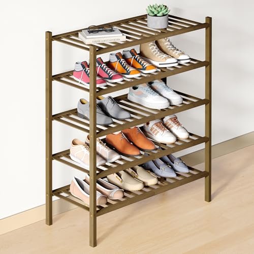 Smiry Bamboo Shoe Rack for Closet, 5 Tier Wooden Shoe Organizer, Stackable 14 Vertical Slats Wood Shoe Storage Shelf for Entryway, Two-piece Heavy-Duty Legs, 26.8"x11"x31.3", Walnut