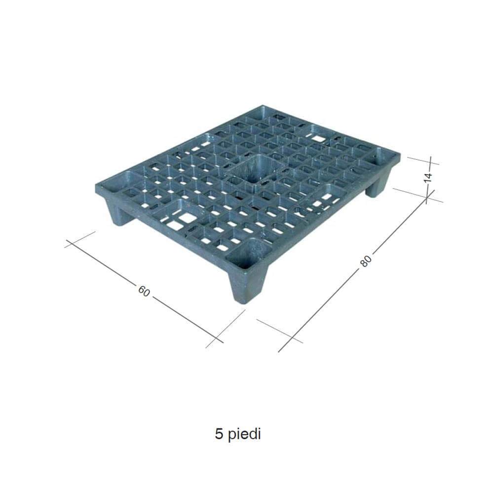Pallet in plastica riciclata (PP), Mis. 600 L x 800 P x 140 H mm, con 5 piedi, piano forato, portata statica 1100 Kg, portata dinamica 500 Kg