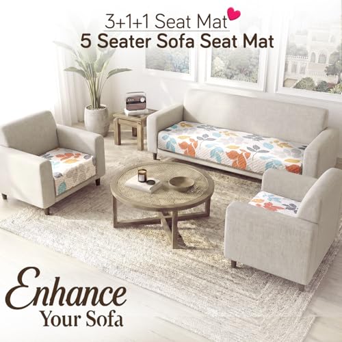 Image of HOKIPO 'Homehues Series' Printed Quilted Sofa Cover Mat for 5 Seater Set - Multicolor Leaves (IN-806 * 2 + IN-809 - D2)