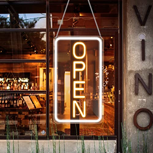 LightingWill Open Neon Schild Open Schild LED mit 12V Ein/Aus Adapter Open Leuchtreklamen für Business Light Up Sign für Bar Salon Store Cafe Shop Club Gelb/Weiß Vertikal