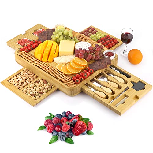 Lecone Bamboo Cheese Board, Charcuterie Board with Knife Set, Cheese Server, Cheese Platter Board Tray Cutting Board Serving Board Extra Large for Birthday Presents, Wedding Gifts, Housewarming