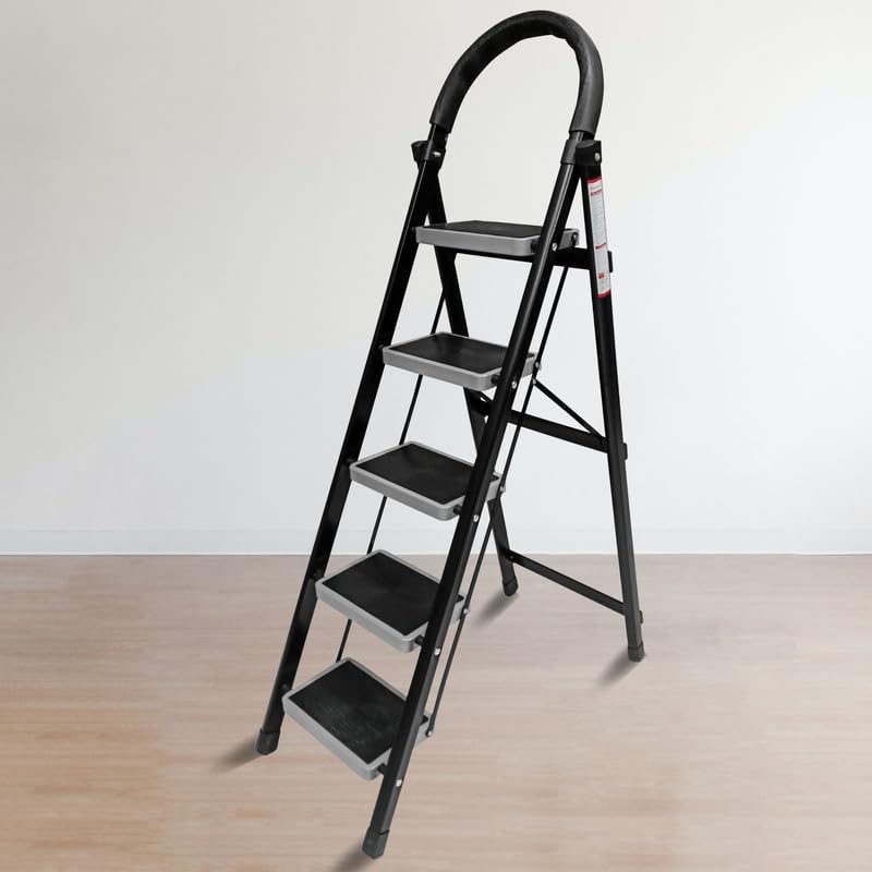 Image of TNT The Next Trend 5 Step Steel Step-Ladder for Home | Heavy Duty Foldable Ladder with Wide Ant-Slip Steps and Anti-Skid Shoes - Black