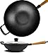 Oakfire Sartén wok de hierro fundido para inducción, 31 cm, grande, parrilla, wok con mango de madera, hierro fundido con tapa de cristal no adherente