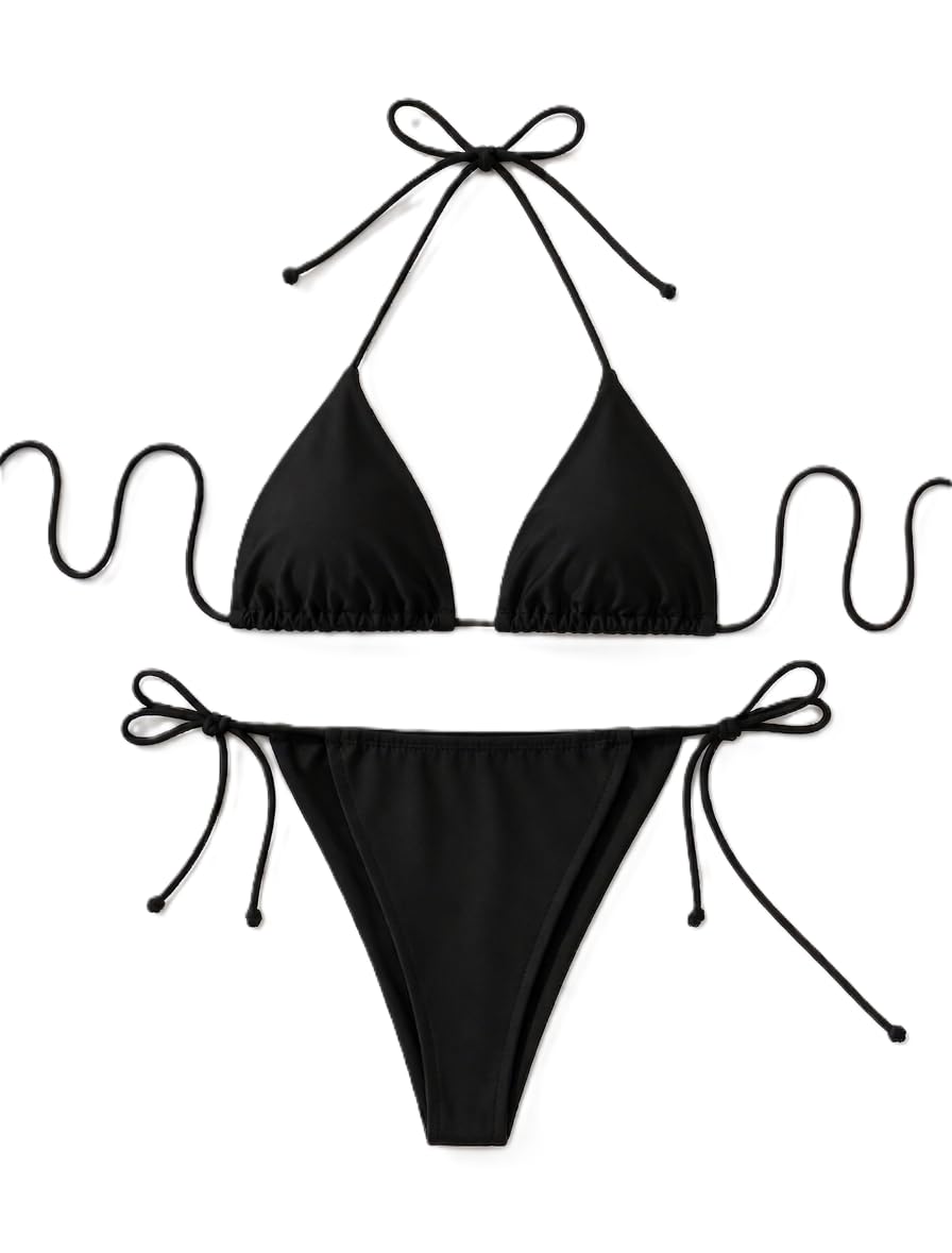 Women's Solid String Tie-Up Triangle Bikini Set | Halter Neck Two Piece Swimwear | Beachwear Bikini for Women-image-9