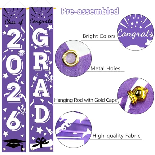 Image of Graduation Porch Banner Class Sign Congrats Grad Hanging Flags High School College University Party Decoration For Front Door Outdoor Purple White