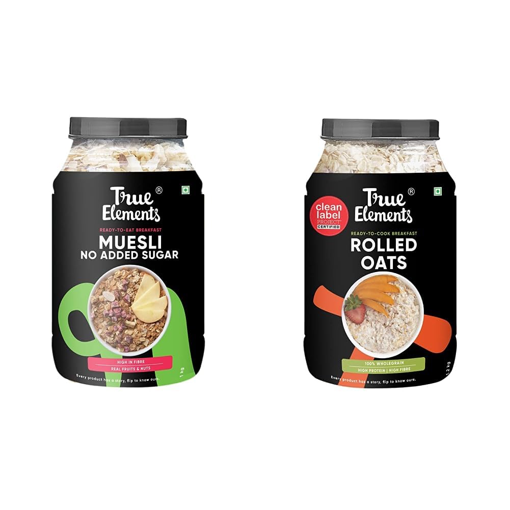 True Elements Muesli No Added Sugar 1kg - Sugar Free | With 26% Millets | 100% Wholegrain | Breakfast Cereal | Diet Food & True Elements Rolled Oats 1.2 kg-image-3