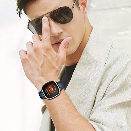 Leather Bands Compatible With Fitbit Versa 3/ Fitbit Sense,Soft Replacement Band Wristband Leather Accessories For Fitbit Versa 3/ Fitbit Sense Smartwatch Women Men A-Navy #TOP3