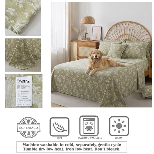Image of FADFAY Sage Green Sheets Set Queen 100% Cotton Washed Double Gauze Muslin Bedding 4Pcs Vintage Rose Floral Sheets Shabby Cottagecore Bedding Soft & Breathable Deep Pocket Fitted Sheet, Queen Size