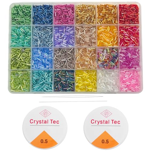 Minestylish 9600pcs Tube Beads Kit, Glass Bugle Seed Beads for Jewelry Making, Small Craft Beads for DIY Bracelet Necklaces Craft Making with Two Crystal String (7mm, 400 Per Color, 24 Colors)