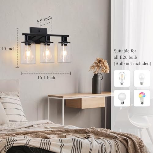 Image of Matte Black Bathroom Light Fixtures Over Mirror,3-Light Bathroom Vanity Light with Clear Glass Shade,Modern Farmhouse Wall Sconces Lighting for Mirror Kitchen Living Room Cabinet