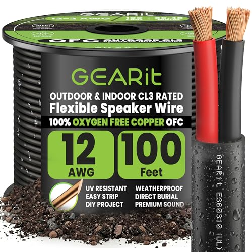 GEARit 12 Gauge Speaker Wire OFC 100 ft UL CL3 Rated 12 Gauge Wire Copper Wire with Polarity Mark Audio Cable for in-Wall Home Car Outdoor Garden Commercial Audio Systems OFC(Black 2-Conductors)