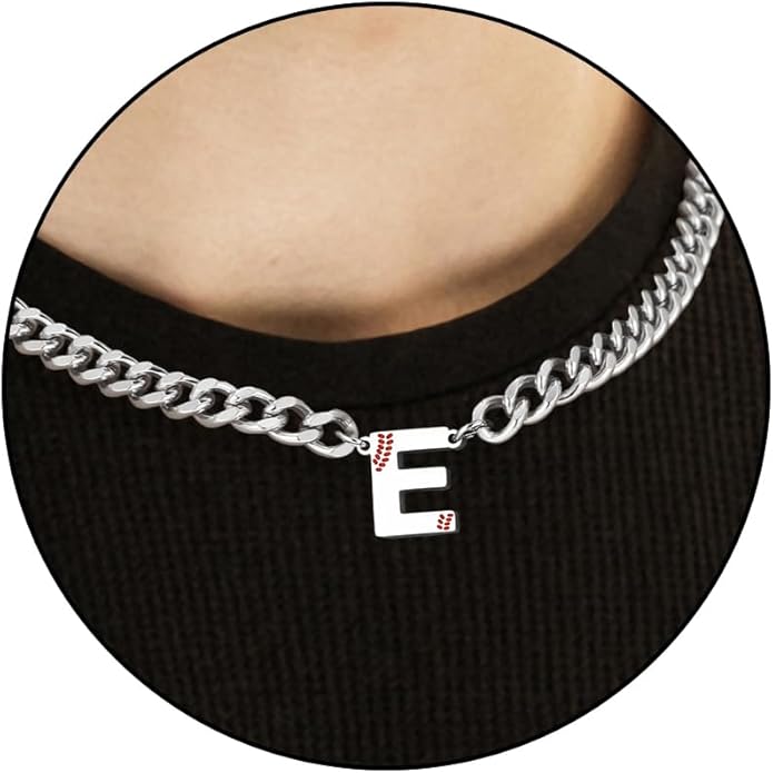 Baseball Necklaces for Boys Stainless Steel Initial Necklace with Letter A-Z 6.5mm Cuban Chain Adjustable Gifts for Men Boys 16+2 Inches