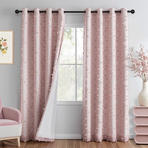 MYSKY HOME 100% Blackout Curtains for Girls Bedroom 90 Inch Long Total Room Darkening Curtain for Living Room 2 Panels Grommet Light Blocking Sliding Door Drapes Blush Pink Pom Pom Sheer 50" x 90"