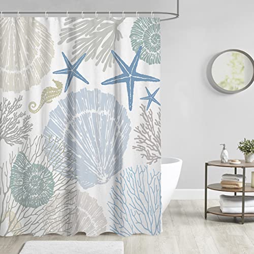 Aatter Beach Ocean Shower Curtain Nautical Coastal Theme Sea Blue Gray Coral Seashell Starfish Themed Water Art Deco Shell Seahorse White Grey Teal Aqua Home Bathroom Decor Bathtub Set, 60X72, Fun #TOP1