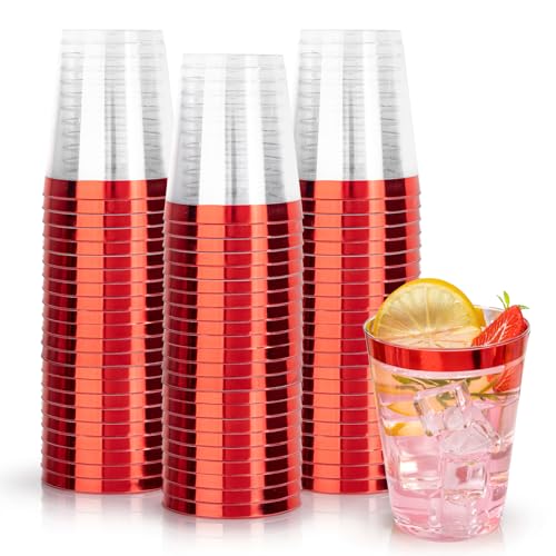 Image of DaYammi 100 Pack Red Plastic Cups 10 Oz,Red Rimmed Plastic Cups for Party Fancy Disposable Cup for Wedding Disposable Glasses Clear Tumblers with red Rim for Bridal Shower Elegant Wine Cocktail Cup