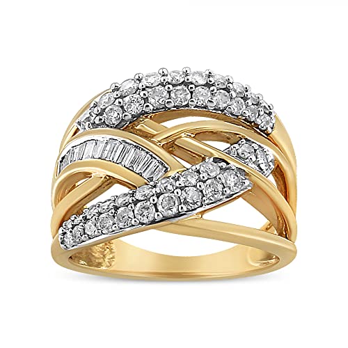 Haus of Brilliance 10K Yellow and White Gold 1.0 Cttw Round and Baguette-Cut Diamond Multirow Interwoven Cocktail Ring (I-J Color, I2-I3 Quality) - Size 8