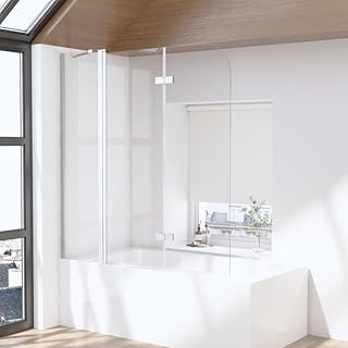 Duschwand für Badewanne 3-teilig 160x140cm Faltbar, Glas Badewannenaufsatz mit festem Segment Duschabtrennung, Duschwand aus 6mm EGS Glas mit Nano beschichtung, 160 cm Breite Duschtrennwand