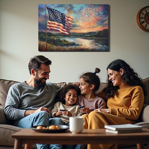 Image of Framed American Flag Sunset Fireworks Wall Art, Patriotic 4th of July Canvas Art Pictures, USA Flag Wall Decor for Living Room Man Cave Bar, Ready to Hang Made in USA