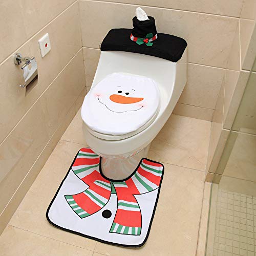 Kungfu Mall festliches 3-teiliges Weihnachtsdekorationsset aus Toilettendeckelbezug, Bodenmatte und Spülkastenbezug mit Hülle für Kosmetiktücherbox, für Weihnachten, Badezimmer schneemann – Bild 8